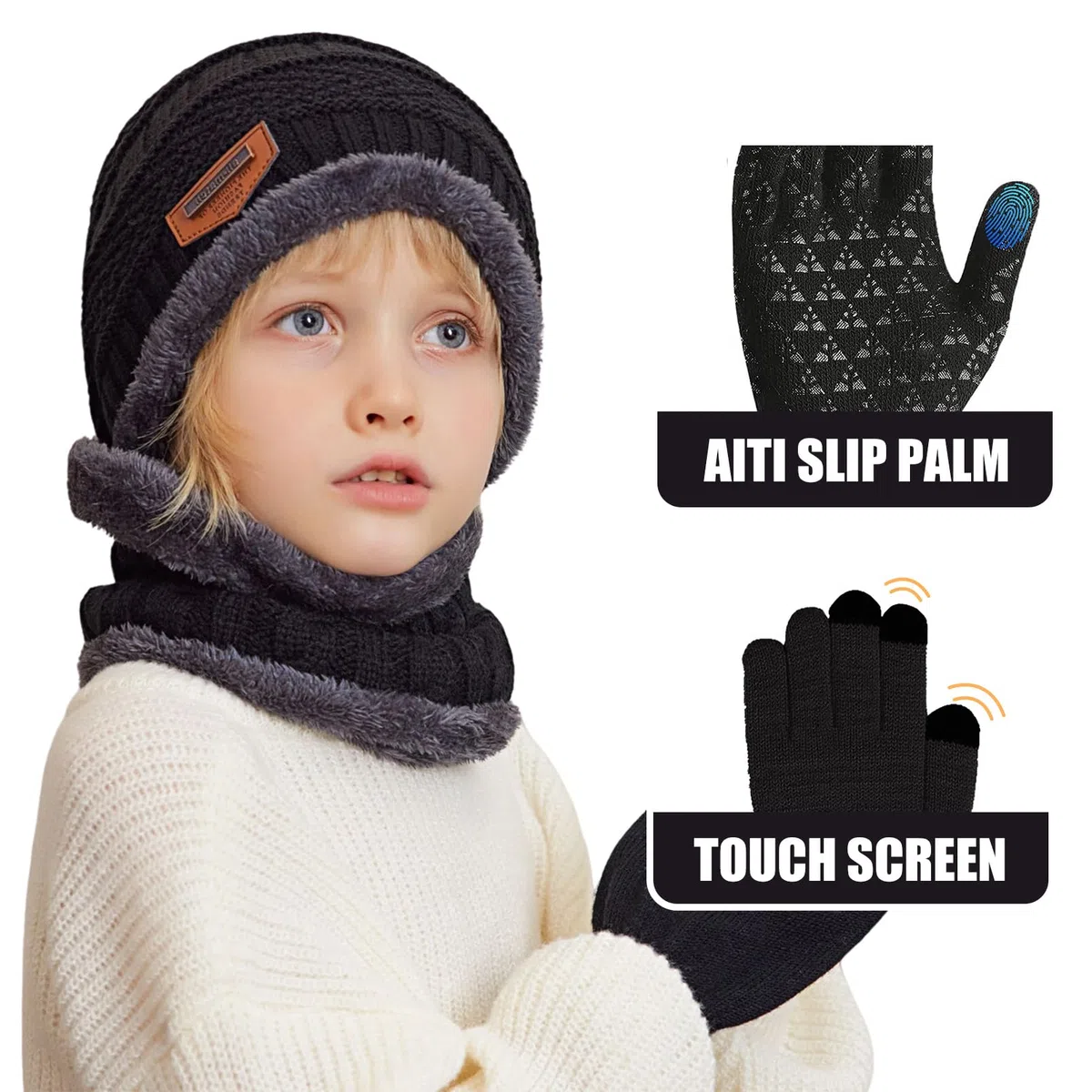 Cappello Bambini Invernale Berretto Guanti Sciarpa Bambino Scaldacollo Termico Cappello a Maglia Beanie Foderato in Pile Guanti Touchscreen per Ragazzi Ragazze 5-10 Anni
