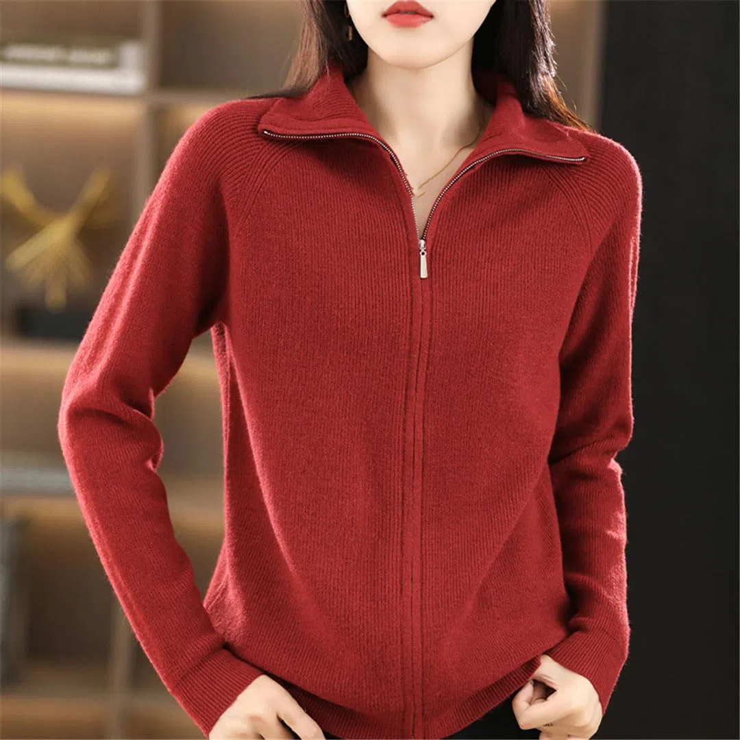 Ownwfeat Maglione di Lana da Donna Doppia Cerniera Cardigan con Risvolto Inferiore Giacca da Donna in Maglia Casual