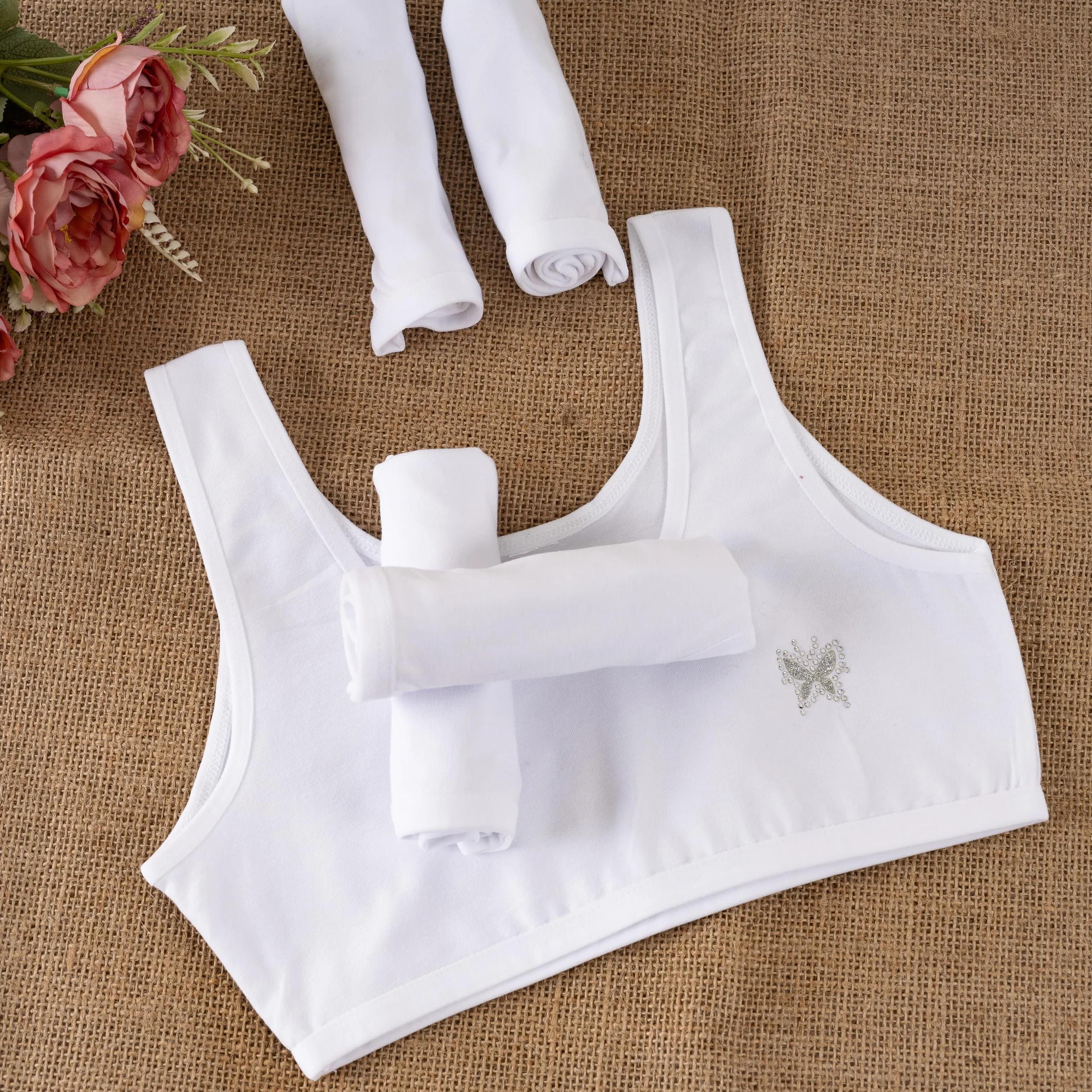 LOREZA ® 5 Reggiseno per Bambina da Allenamento Pietre di Strass Sportivi in Cotone Reggiseni - 10-15 Anni