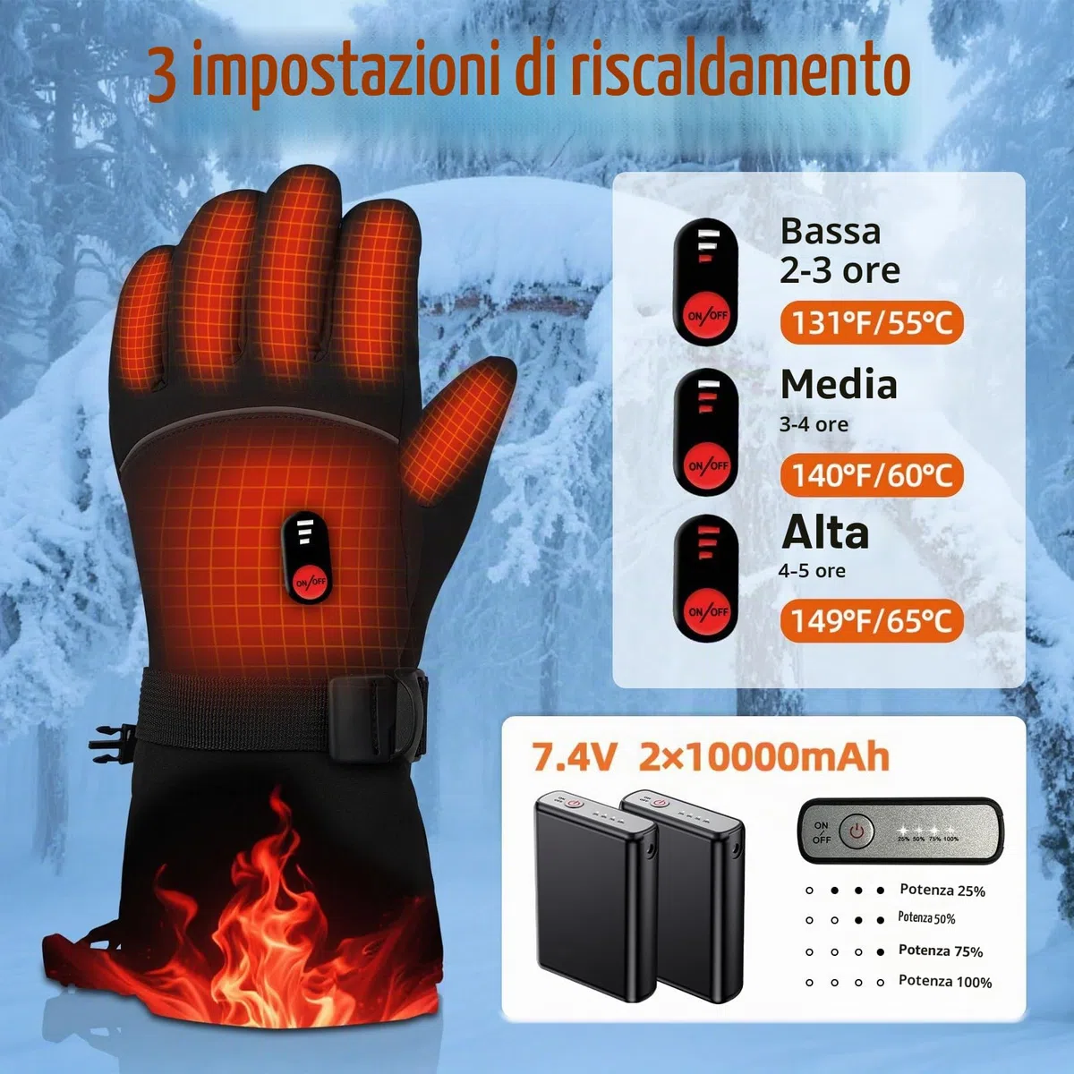 Wholede Guanti Riscaldabili Ricaricabili Moto con 2 Batterie 10000mAh, 7.4V per Riscaldamento Rapido - Guanti Riscaldati Uomo e Donna per Moto, Sci, Trekking - Touchscreen, Impermeabili, M