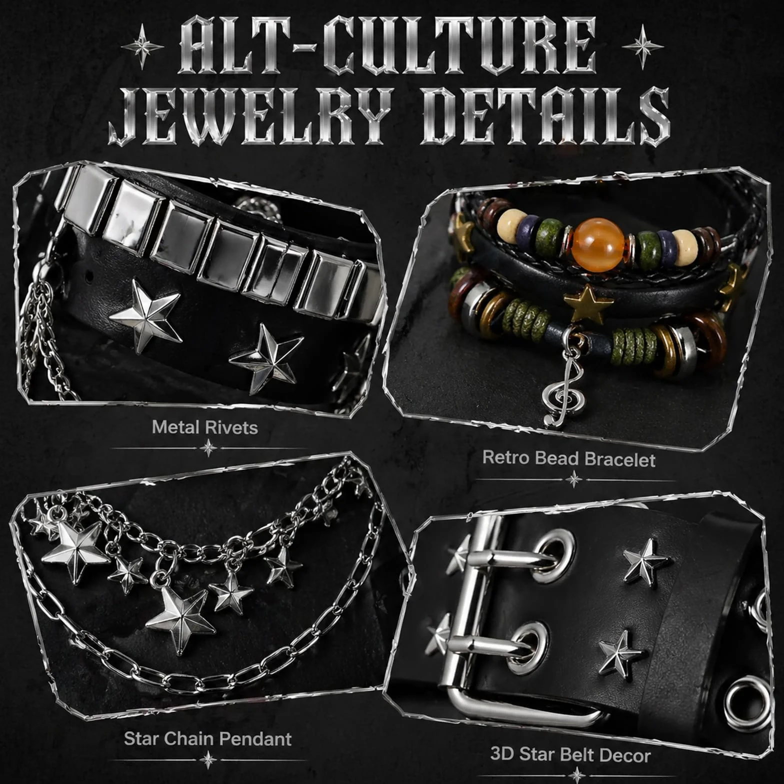 10 Pz Set di Accessori Unisex Y2K Include Cintura con Stampa Stella, Set di 7 Bracciali, Collana Goth Nera e Cintura in Metallo per la Vita - Pelle Nera - Stile Grunge Alt Emo