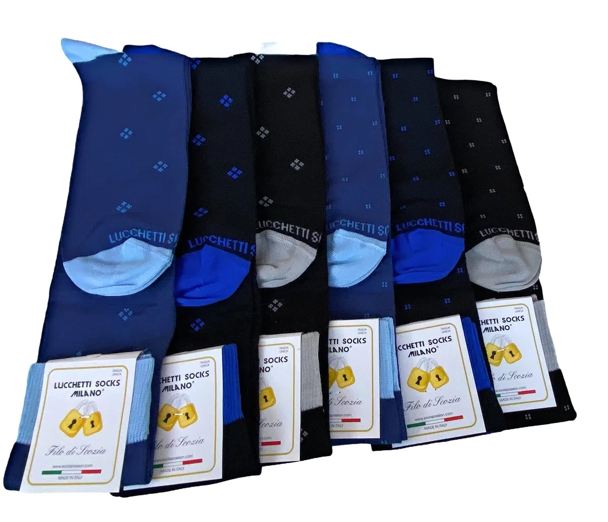 Lucchetti Socks Milano 6 paia Calze Uomo Lunghe Filo di Scozia Fantasia Cotone Colorate Pois Righe Disegni divertenti Made in Italy