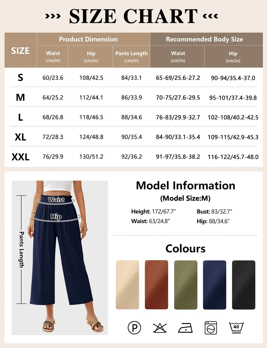Pantaloni Lino Donna Estivi Leggeri Pantaloni Larghi Cotone e Lino Elastici in Vita 7/8 Pantaloni a Gamba Eleganti Casual Allentati Comodi Pants con Tasche