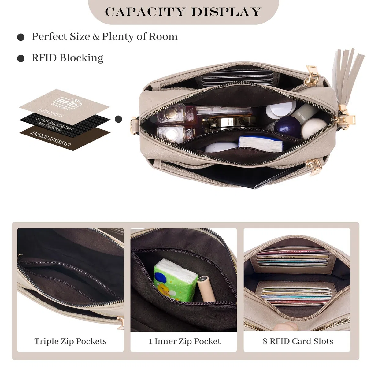 Roulens Piccola Borsa a Tracolla Donna con 3 Scomparti Capienti,Borsa Mano PU Pelle Messenger Crossbody Bag,Borsa a Spalla con Tracolla Ampia Regolabile e Rimovibile