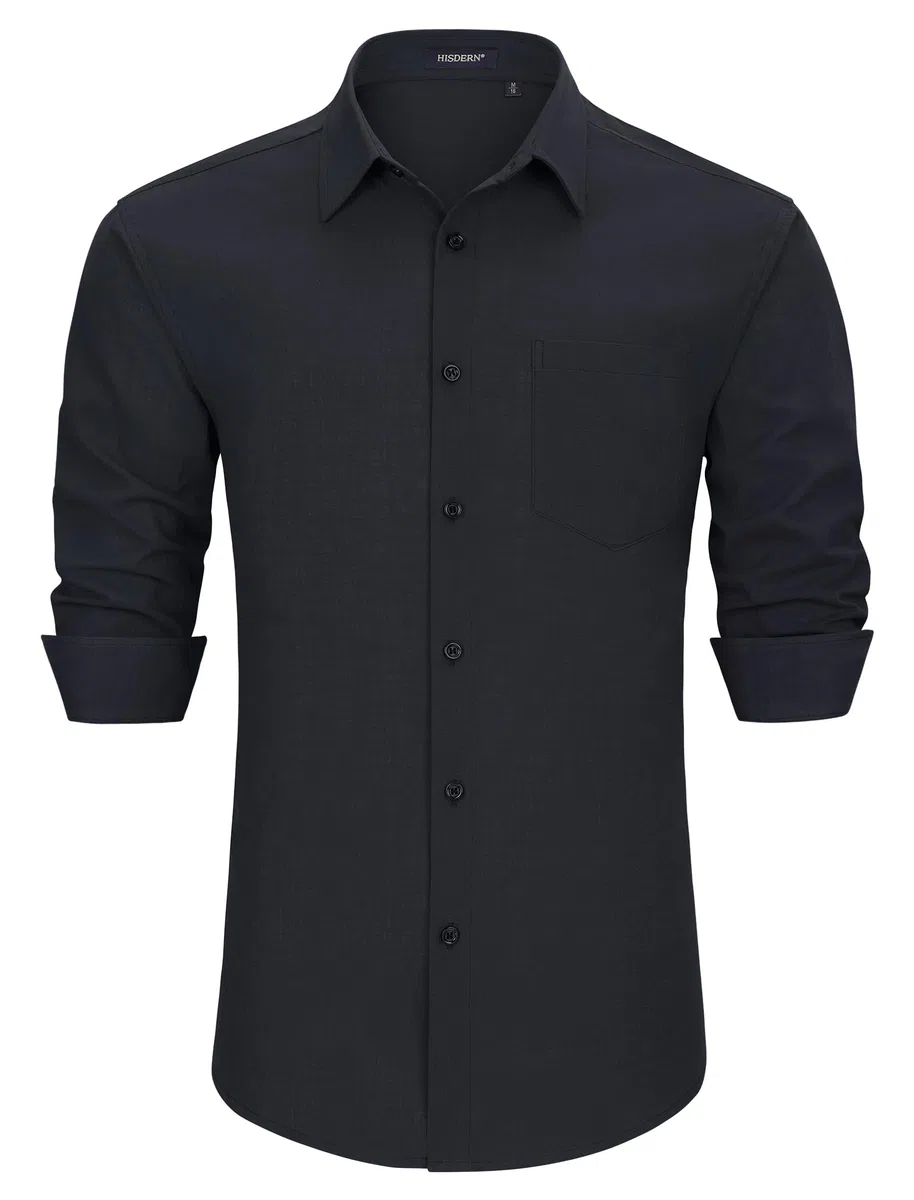 HISDERN Camicie in Lino e Cotone Uomo Manica Lunga Causal Bottoni Regular Fit Estiva Leggere Camicia Spiaggi Shirts con Taschino