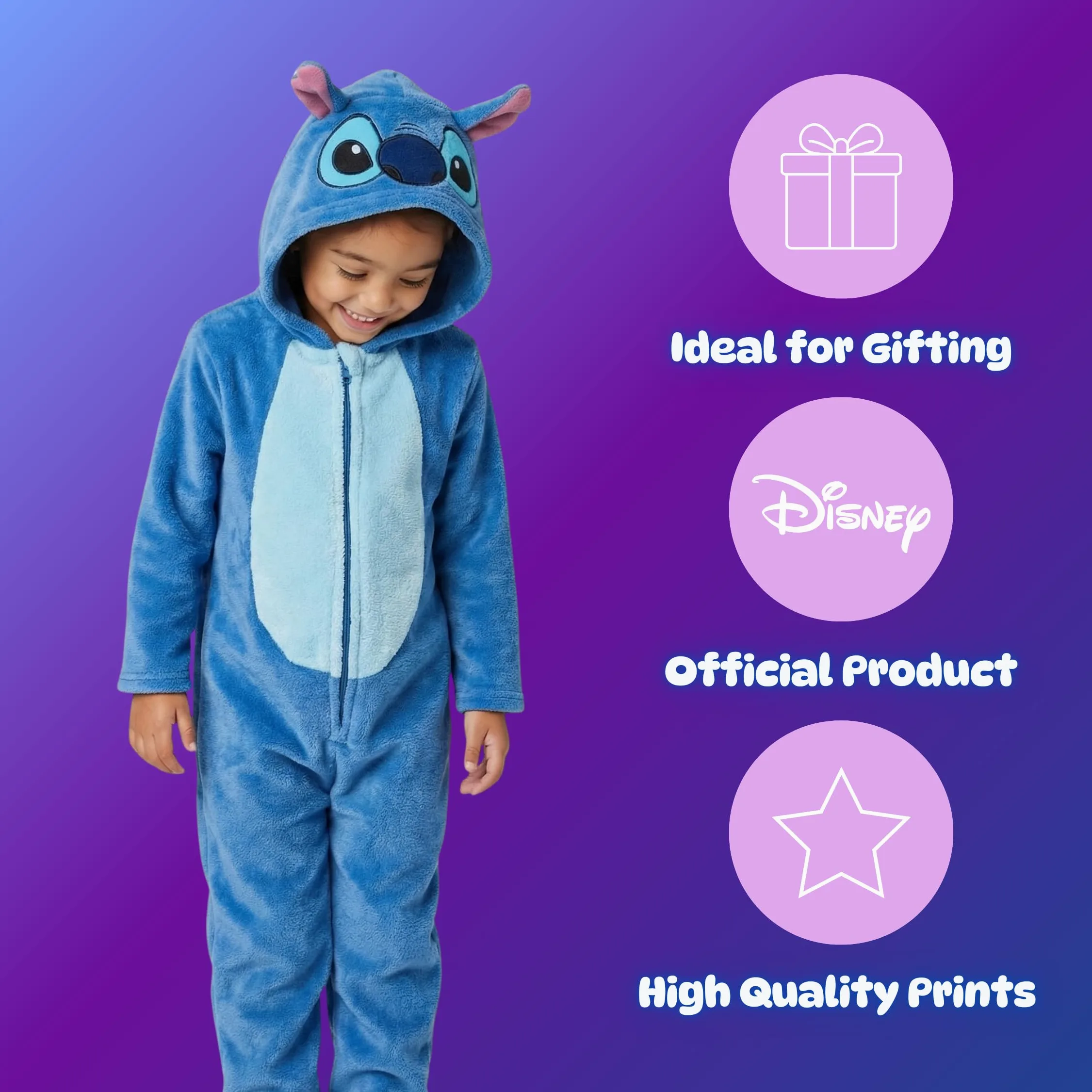 Disney Stitch Pigiama per Ragazze, Pigiama Intero in Morbido Pile con Cappuccio 3D per Bambina, Taglie 3 a 8 Anni