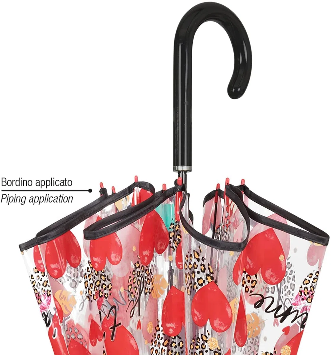 PERLETTI Ombrello Trasparente Con Banda Colorata per Donna - Cupola Automatica, Resistente in Fibra di Vetro - Diametro 89 cm Bordo Cuori