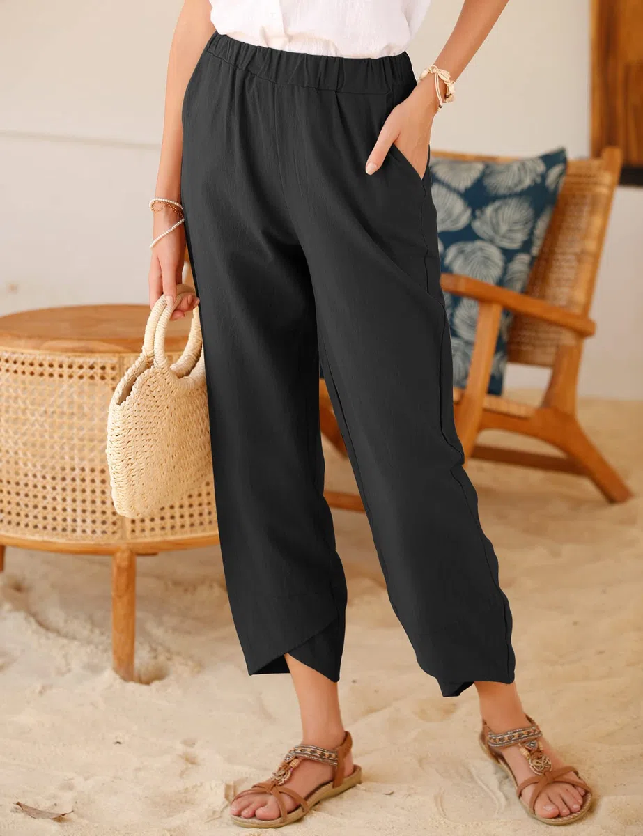 heekpek Pantaloni Donna Estivi Cotone Lino Leggeri Comodi Pantalone Casual Donna Larghi Tinta Unita Pantaloni Spiaggia 9/10 Lunghezza