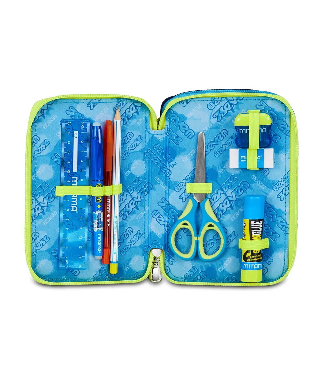 Seven Astuccio Scuola Elementare, 3 scomparti, Medie, con Matite, Pennarelli, Penne, 3 Zip, Nuanced Blue, Bambino, Ragazzo, giallo/blu