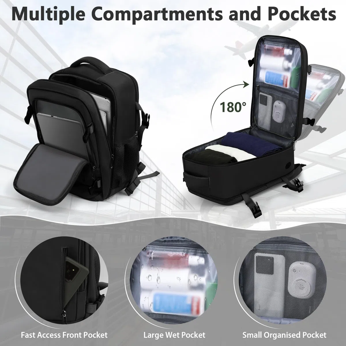 OTAHGK Bagaglio a Mano 40 × 20 × 25 per Ryanair, Zaino da Viaggio Sotto il Sedile Aereo Borsa da Cabina Voli Zaini Casual Valigia Ufficio Scolastico Lavoro Borse Adatto a Laptop da 14 pollici-Nero