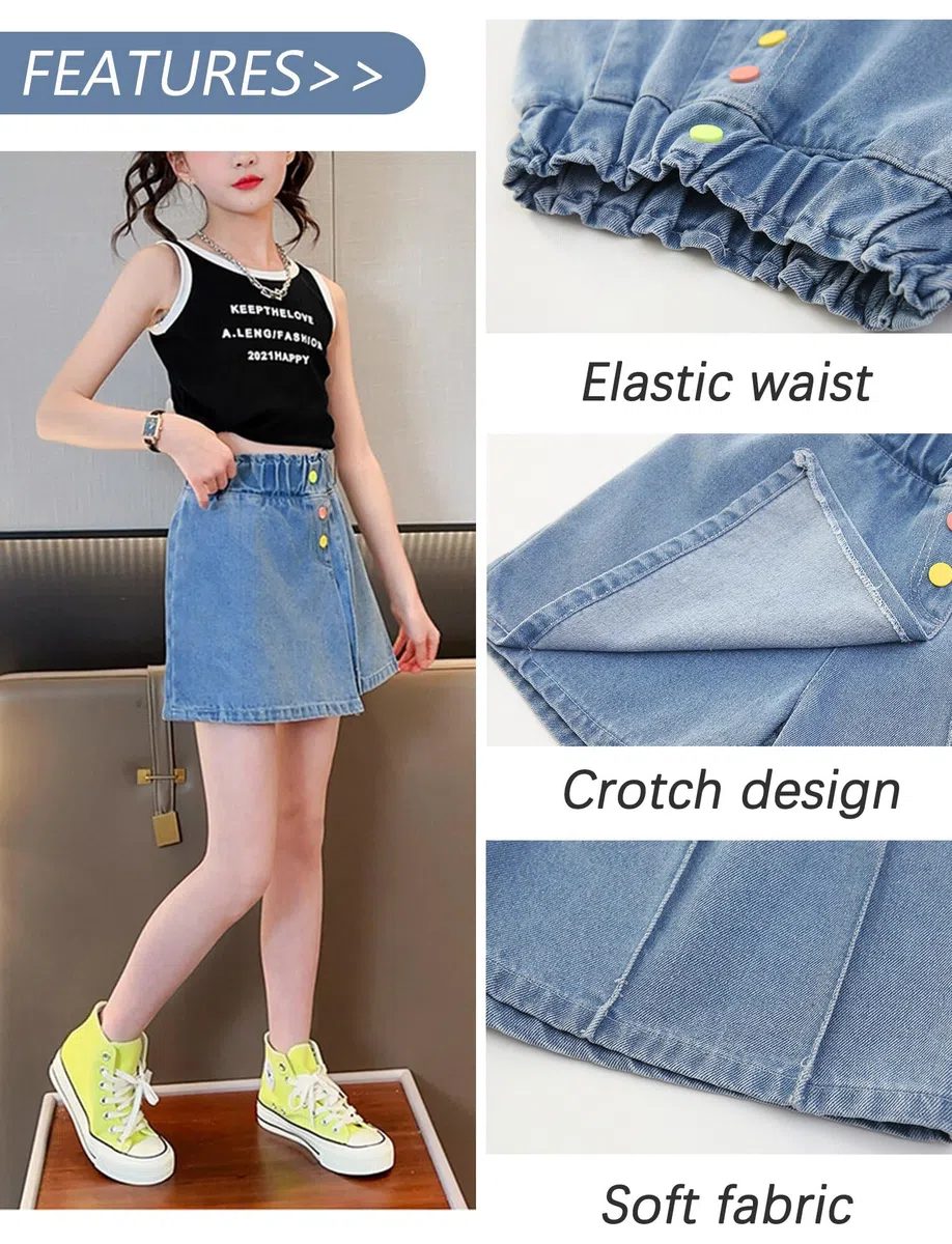 FEOYA Pantaloncini jeans da ragazza per bambini larghi casual pantaloncini in denim con elastico in vita pantaloni corti larghi pantaloni corti alla moda carino pantaloni corti per 5-14 anni