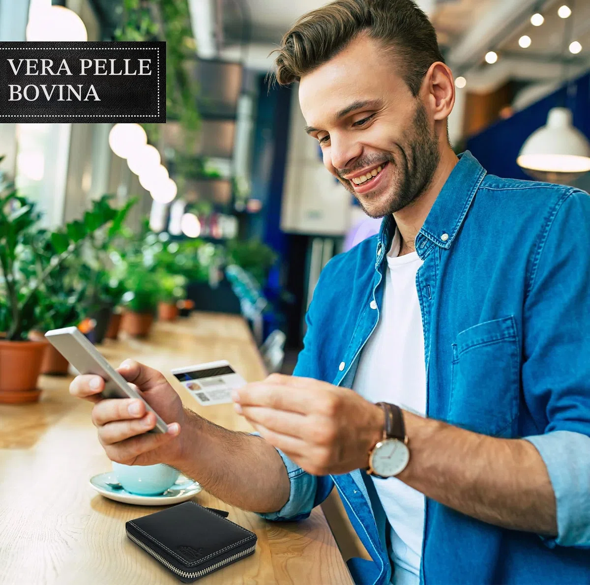Fa.Volmer ® Portafoglio in pelle nera in vera pelle di vacchetta con robusta cerniera esterna Protezione RFID - Certificato TÜV - # BlZip07