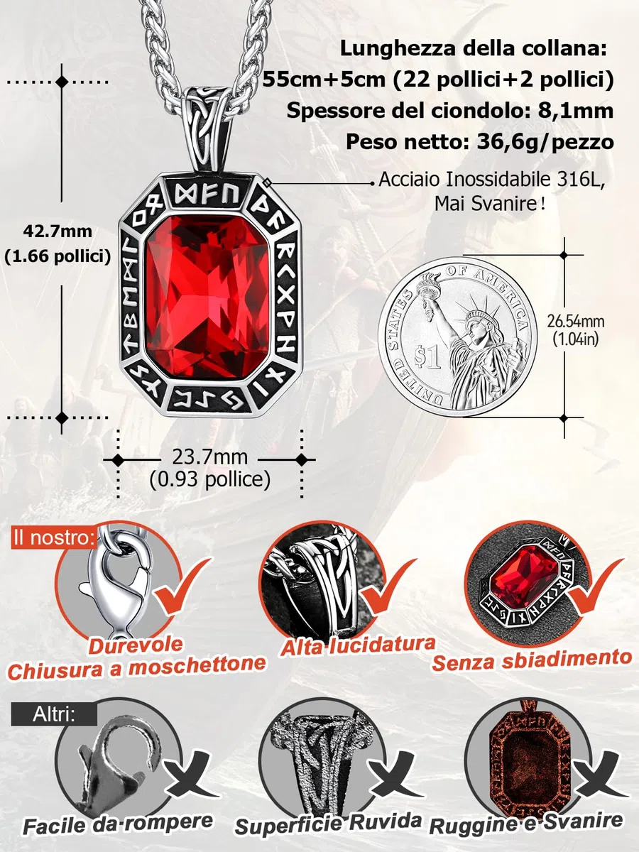 FaithHeart Collana Uomo Vichingo Pendentivo in Ottagono Cristallo Rosso Smeraldo Ossidiana con Rune Vichinghe Accessorio Moda Unico Perfetto per Regalo Stile Personale