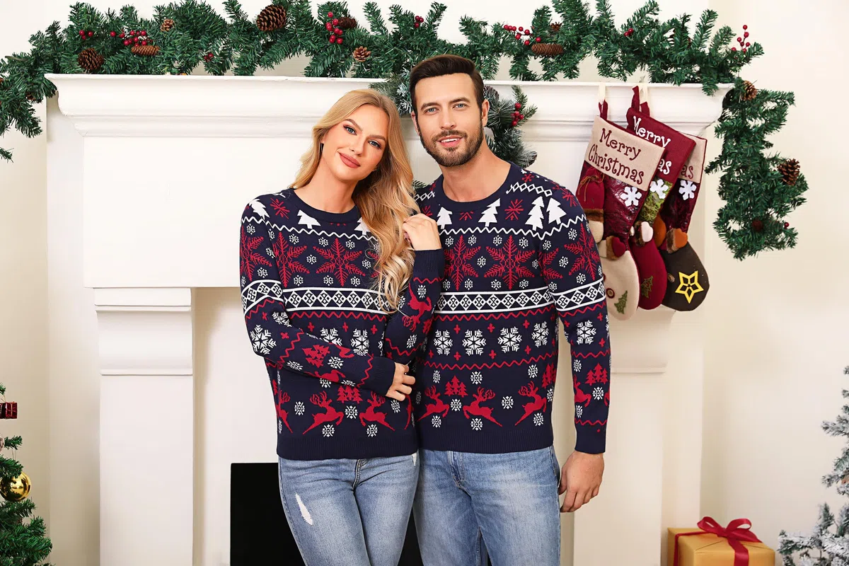 Aseniza Maglione di Natale Donna Uomo Coppia Famiglia Maglione Invernale Caldo Pullover Modello Manica Lunga Fiocco di Neve e Elk