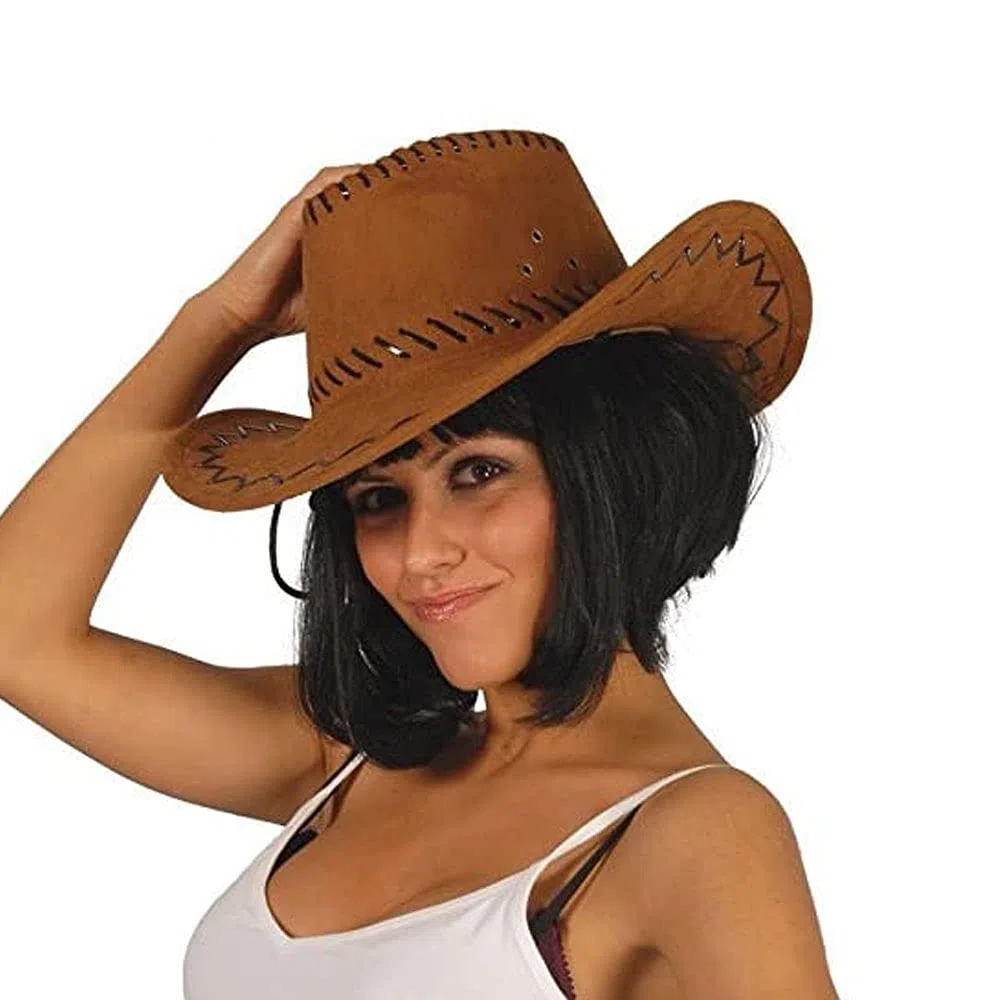 Cappello da Cowboy in Pelle A Tesa Larga, Western da Cowgirl per Bambini e Adulti, per Cosplay All'aperto (Marrone Scuro)