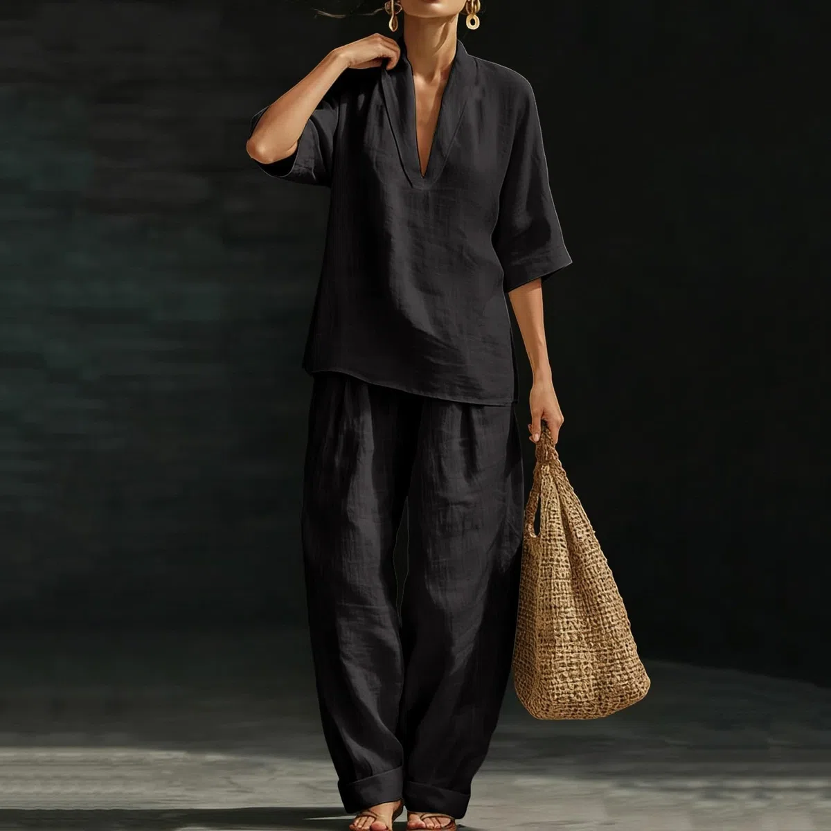 Generico Completo Donna Elegante Cerimonia Completo Casual Da Donna In Due Pezzi V-Neck Manica Lunga Elegante Effetto Fresco Set Tuta Tuta Baggy Top E Pantaloncini Estivi Da Per L’Estate