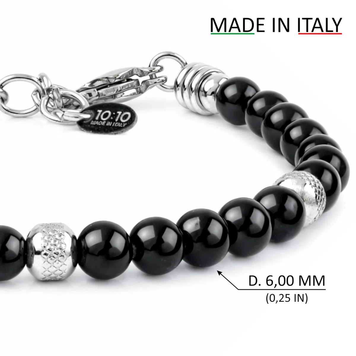 10:10 Bracciale Uomo Donna Tormalina Nera Naturale 6 mm – Beads in Acciaio Inox, Braccialetto Regolabile, Comodo e Resistente all’Acqua – Idea Regalo, Made in Italy