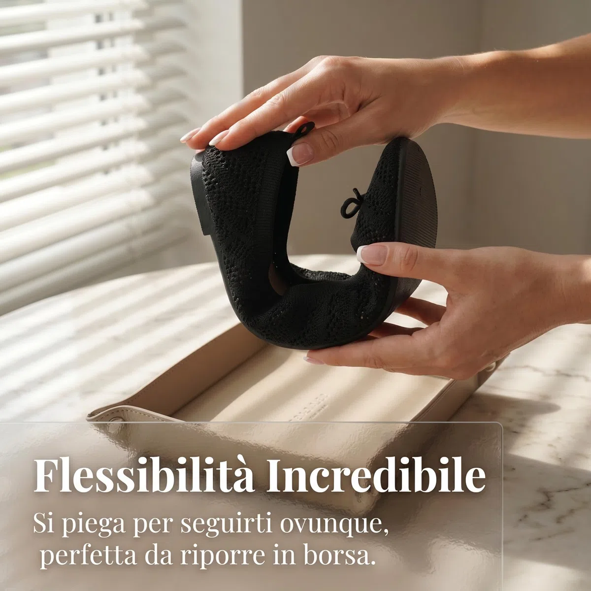 Ballerine da donna in tessuto con fiocco, antiscivolo, tipo manoletina ultra morbide