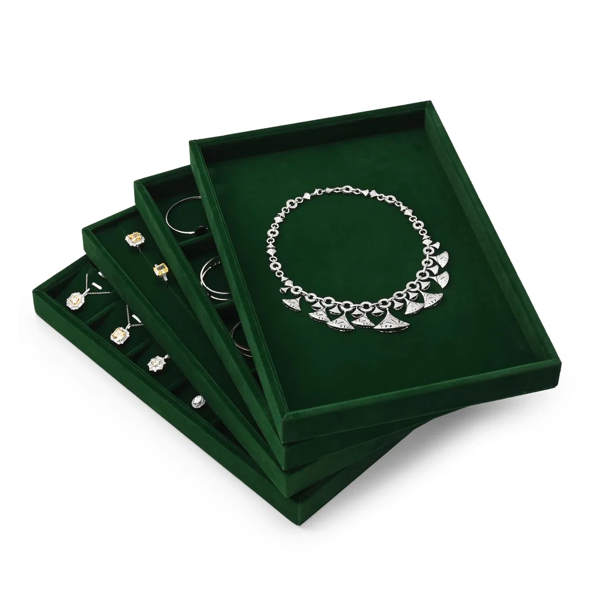 vassoio impilabile in velluto per gioielli, cassetto portagioie, espositore per gioielli, 35x24x3,5 cm (verde scuro)