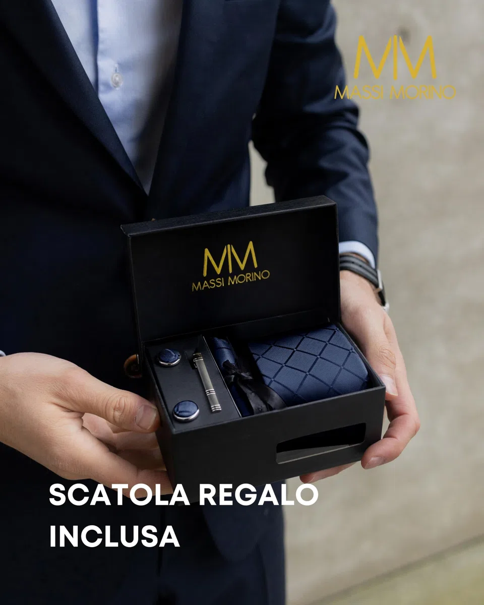 Massi Morino Cravatta e Fazzoletto da Uomo con Gemelli e Fermacravatta, Parure Set | Accessori Sposa | Cravatta Elegante con Confezione Regalo