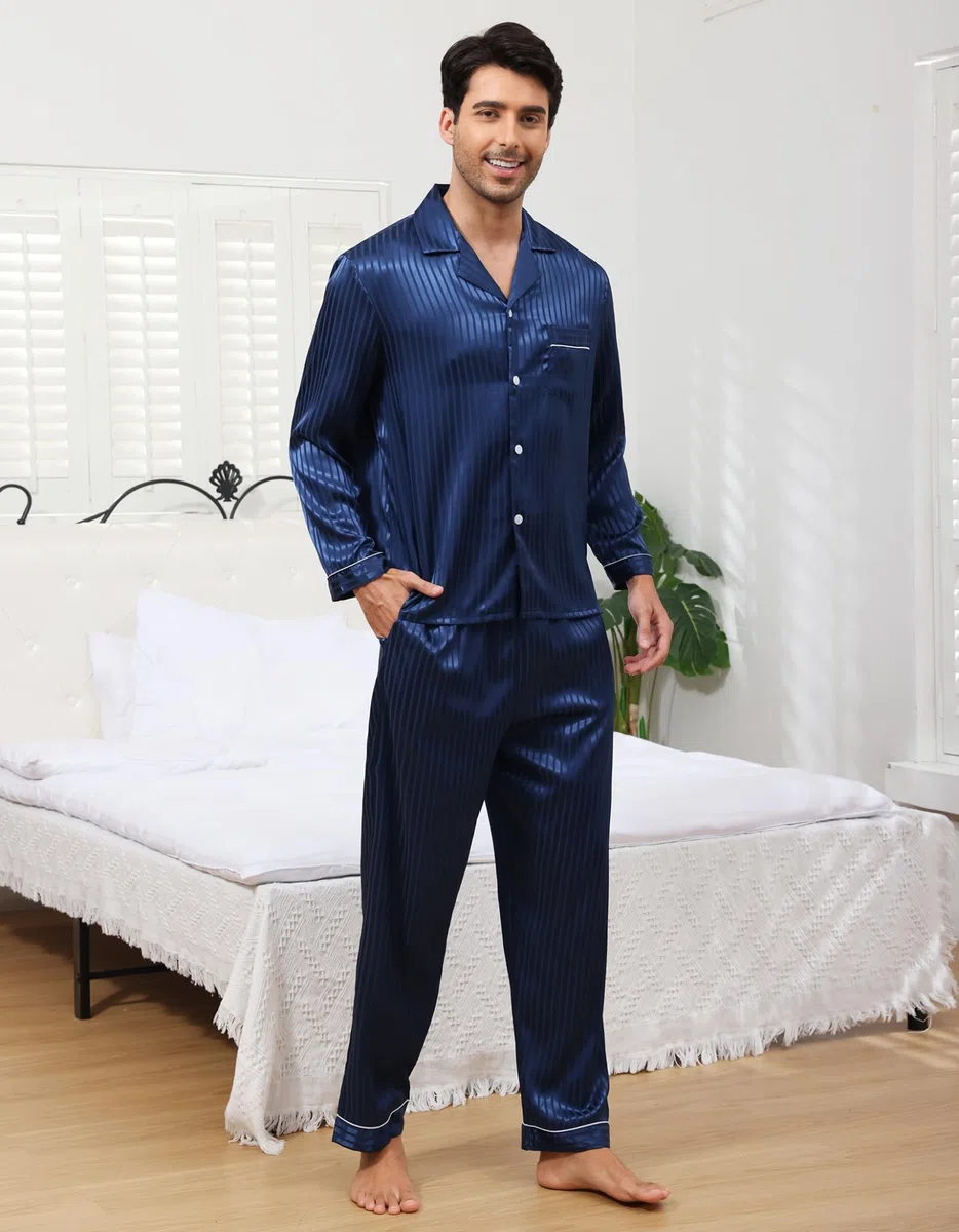Pigiama da Uomo in Raso di Seta, Due Pezzi Set Completo con Camicia a Maniche Lunghe Bottoni e Pantaloni Eleganti con Tasche Abbigliamento Casa di Lusso