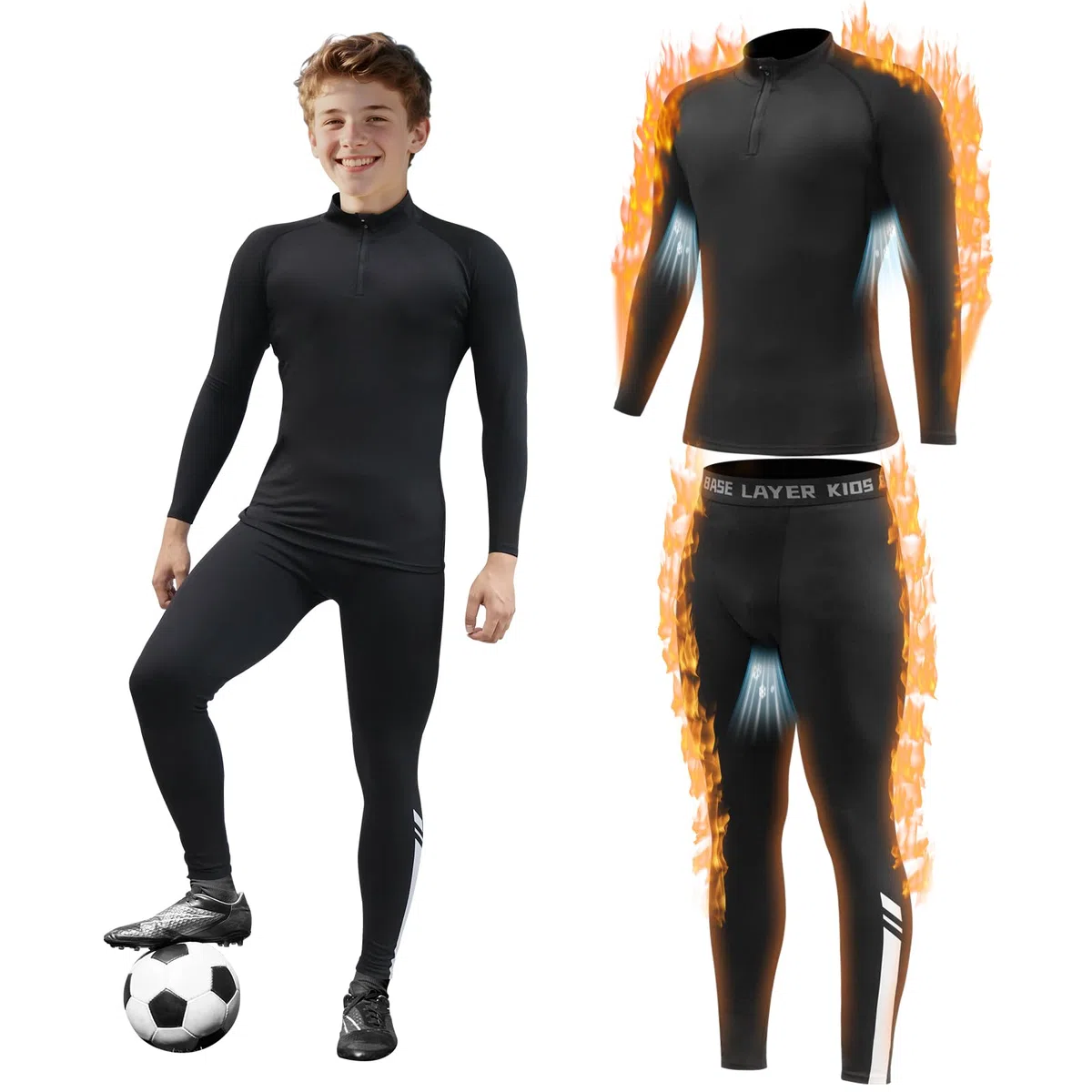 Set di intimo termico per bambini, con colletto, a compressione, a doppio strato, traspirante, per sport, calcio, basket e sci