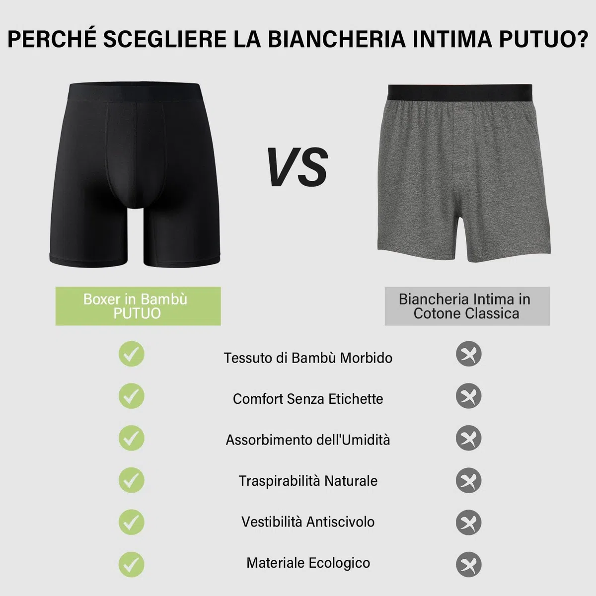 PUTUO Uomo Mutande Boxer in bambù: Mutande Lungo Uomo Aderenti in Bamboo con Conchiglia - 3D Ultra Morbido Comodi e Traspiranti Intimo Lunghi Senza Etichette 6 Paia