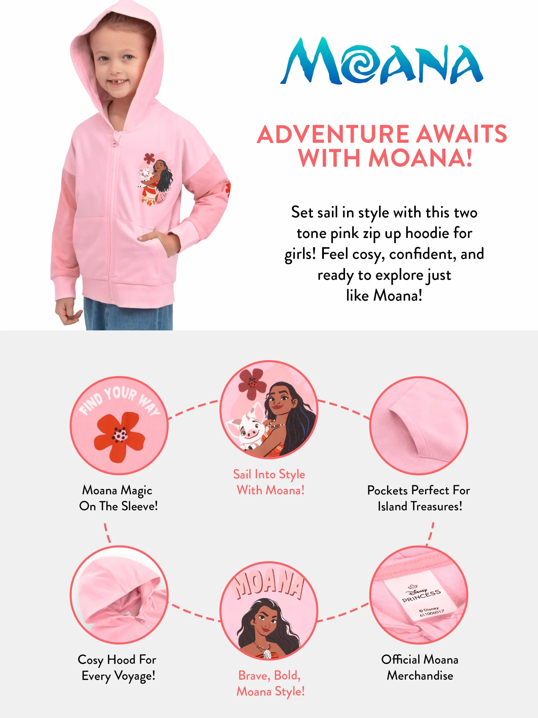 Disney Felpa Ragazza Oceania, Abbigliamento Ragazza con Cerniera, Felpa Zip Moana, Abbigliamento Bambina Cotone