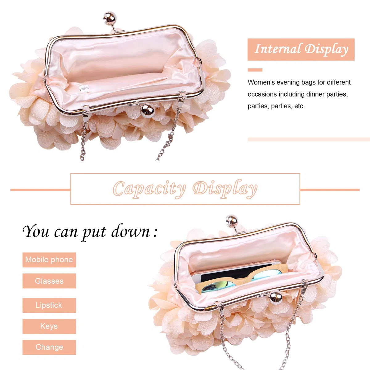 SUKUTU Pochette da Sera da Donna Borsa da Sera con Fiori Borsa da Donna con Tracolla a Catena da Sposa