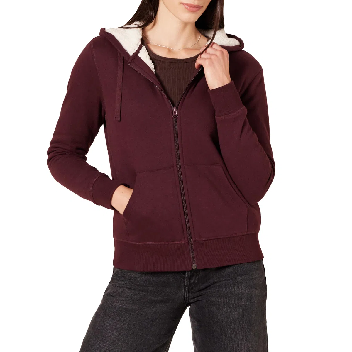 Amazon Essentials Giacca con cappuccio a cerniera intera in pile foderata in sherpa Donna