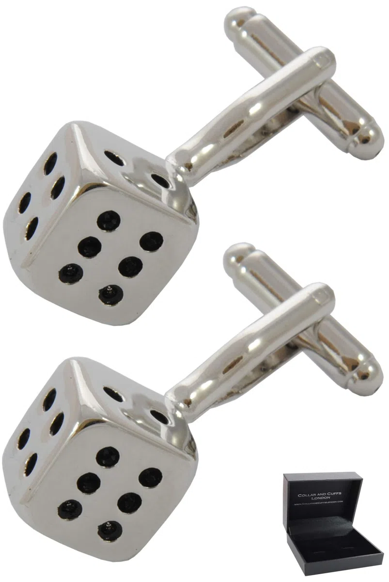 Gemelli Camicia Uomo Argento Colorato - Con Scatola - Ottone - Dadi - Colori Argento e Nero - Quadrati Casinò Giochi Cubo - Un Paio