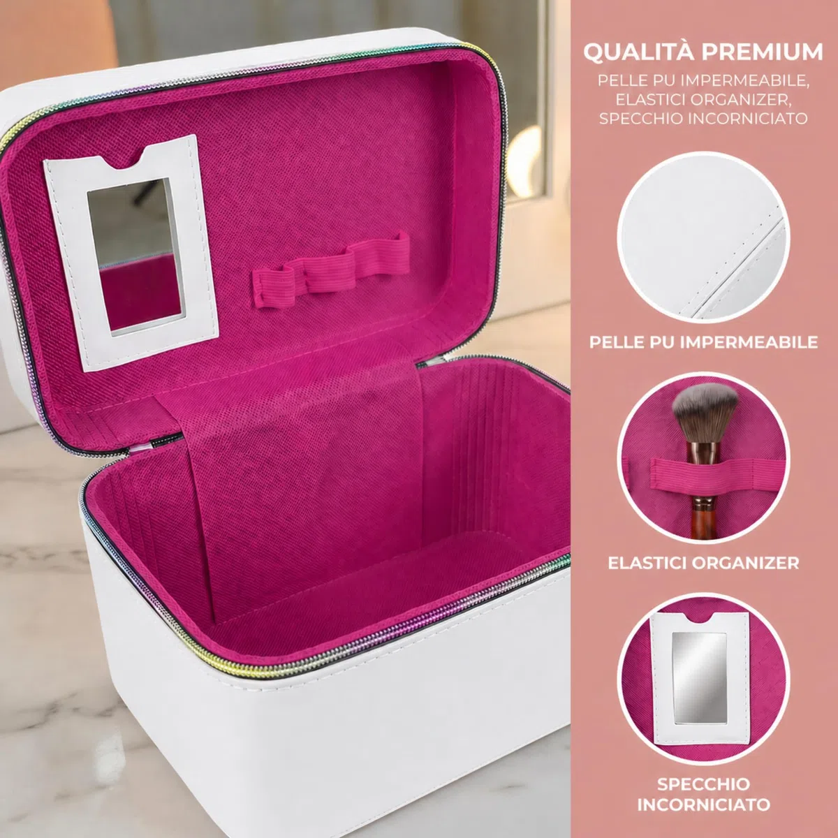 Beauty Case Donna da Viaggio Set 3 Pezzi, Borsa Porta Trucchi Rigida in Similpelle PU, Trousse Make Up con Manico e Zip, Valigetta Organizer Cosmetici Grande Medio Piccolo,Bianco tinta unita
