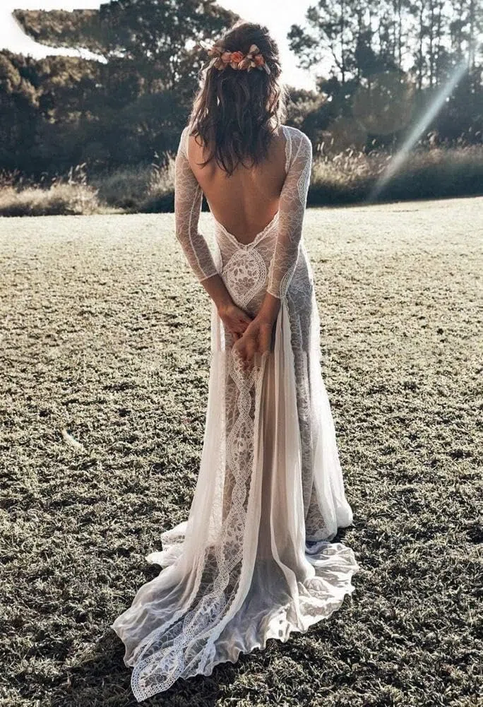 Elegante Abito da Sposa Vintage in Pizzo Senza Schienale Boho Beach Abiti da Sposa Eleganti Manica Lunga Fodera Nuda Abiti da Sposa Bohémien Country,Bianca,40