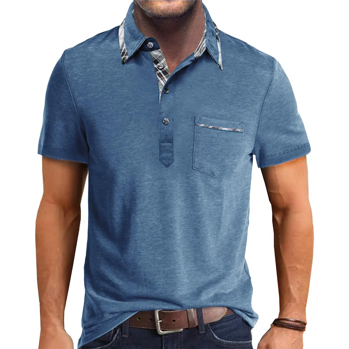 Polo Uomo Manica Corta Cuciture a Quadri Polo con Tasca T-Shirt Estiva S-XXL