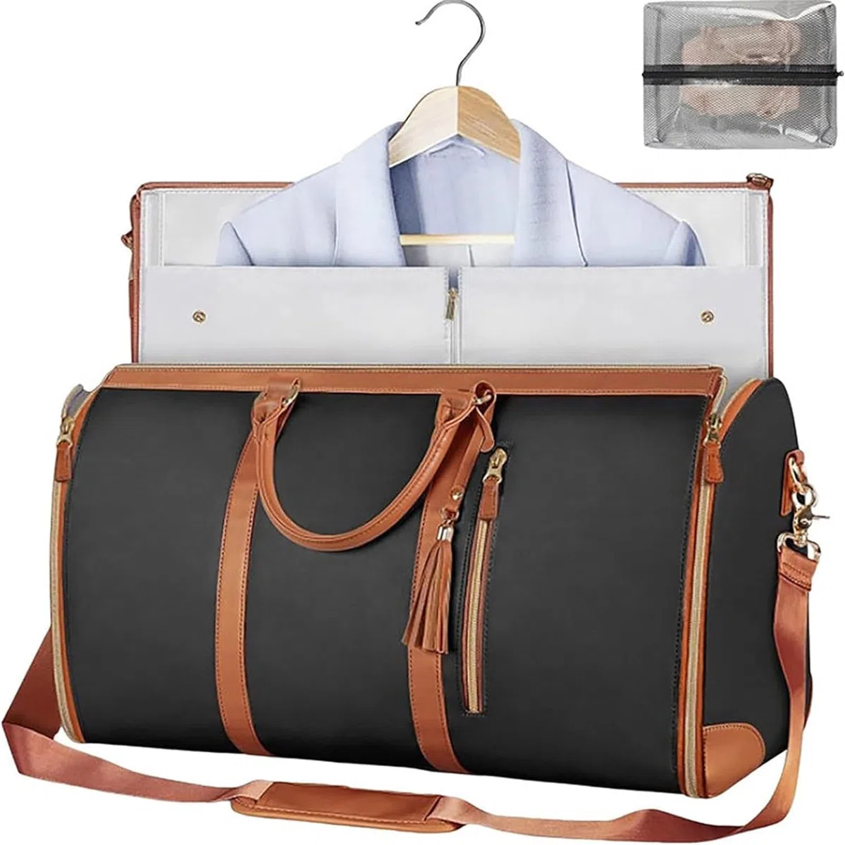 Grande capacità Carry On Garment Bag PU Leather Duffle Bag per le donne Impermeabile Abiti da Viaggio con Borsa Scarpiera 2 in 1 Appeso Valigia Pieghevole Tuta Borse Da Viaggio, Nero, Bagaglio a mano
