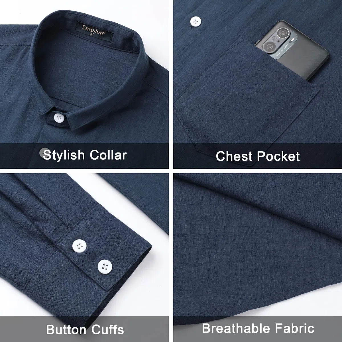 Enlision Camicia Lino Uomo Manica Lunga Estiva Cotone Henley Shirts Collo Coreana con Bottoni Tinta Unita Elegante Casual da Spiaggia S-4XL