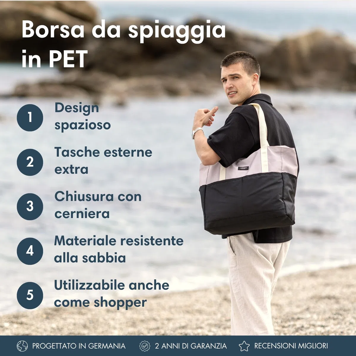 LARKSON Borsa Mare Donna Uomo - Linn - Borsone da Spiaggia Grande per Vacanze, Sport, Università, Viaggio - Tote Bag Shopper Con Cerniera