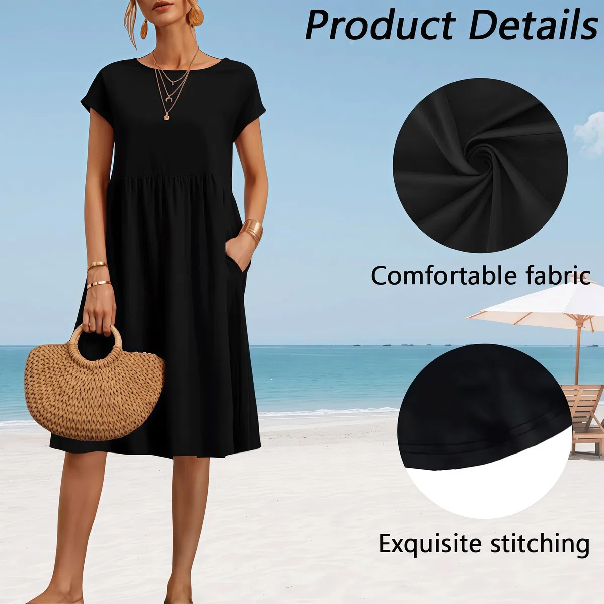Vestito Donna Estivo Abito Lungo Girocollo Scollo Vestiti con Manica Lunghi Rotondo a Maniche Corte Casual Abiti Cotone Tinta Unita Lunghezza Oltre Il Ginocchio Casual da Donna Vestito Mare