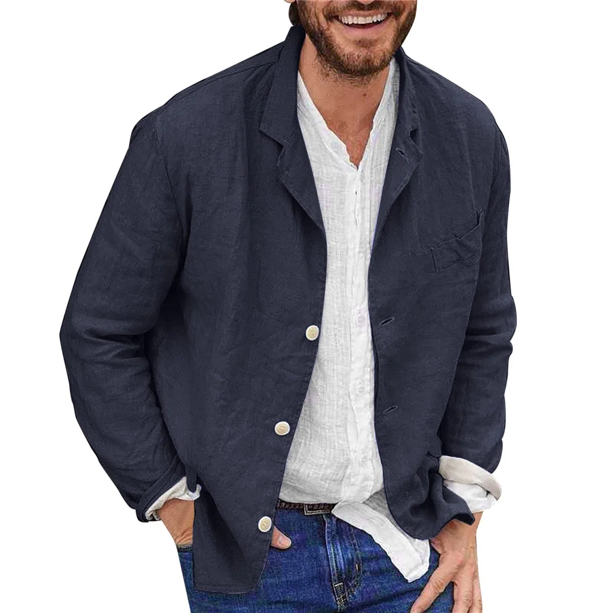 Giacca Uomo in Cotone e Lino, Vestibilità Larga, Leggera, con Risvolto, Abbigliamento Sportivo