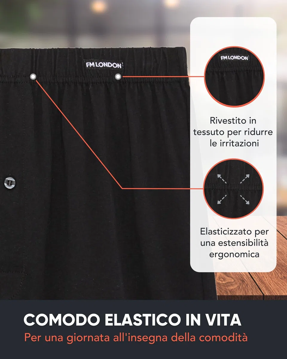 FM London Confezione da 5 Boxer Uomo Cotone 100 per Cento - Boxer Larghi Modello Loose Fit - Intimo Uomo Super Morbido in Tinta Unita con Patta con Bottoni e Comoda Fascia Elastica in Vita
