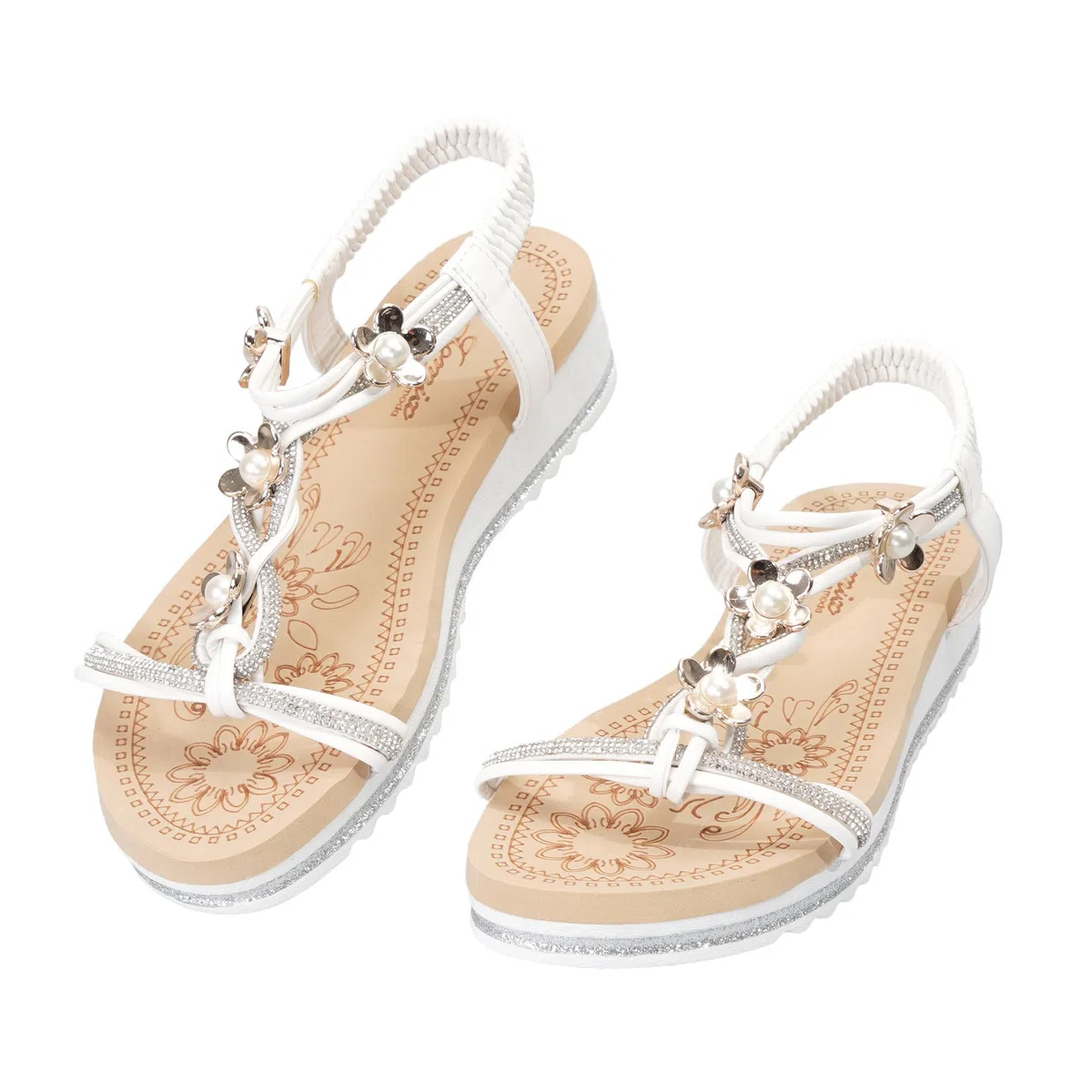 JOMIX Sandali Donna Estivi Eleganti Boho con Perline e Zeppa Comode Scarpe Aperte con Elastici Ciabatte da Mare e Piscina per Vacanza e Spiaggia