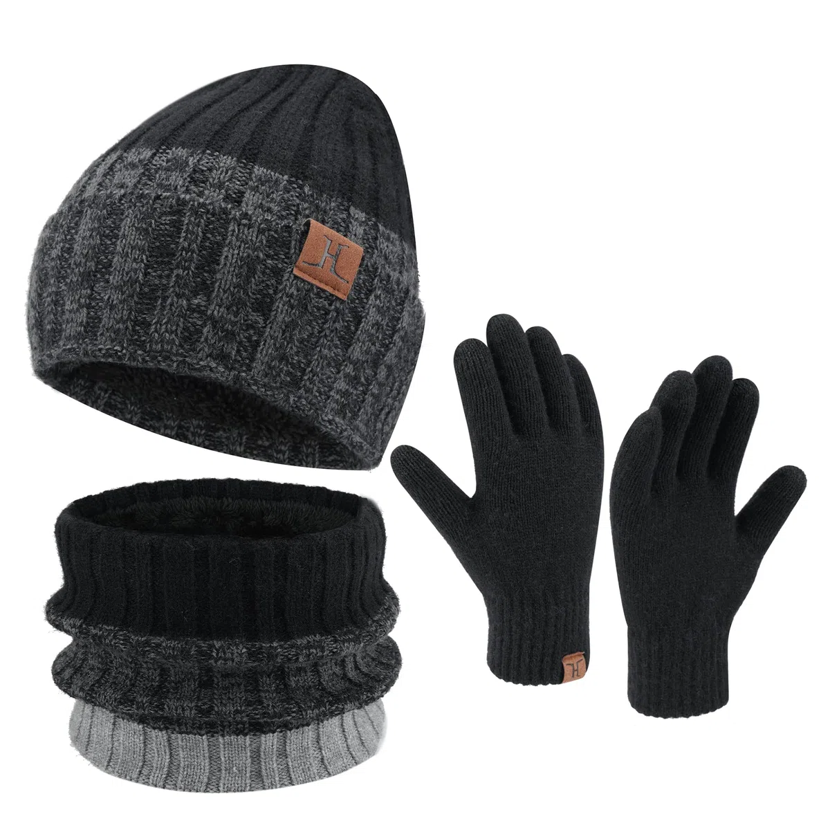 ZASFOU Set di guanti invernali da uomo, in maglia, con protezione touch screen, con cappuccio e teschio, foderati in pile