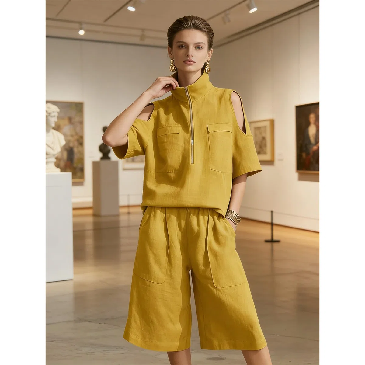 amropi Completo Estivo 2 Pezzi Donna Camicia a Maniche Corte Spalle Scoperte con Scollo a V Cerniera e Pantaloni Cropped a Gamba Larga Set Casual Tuta