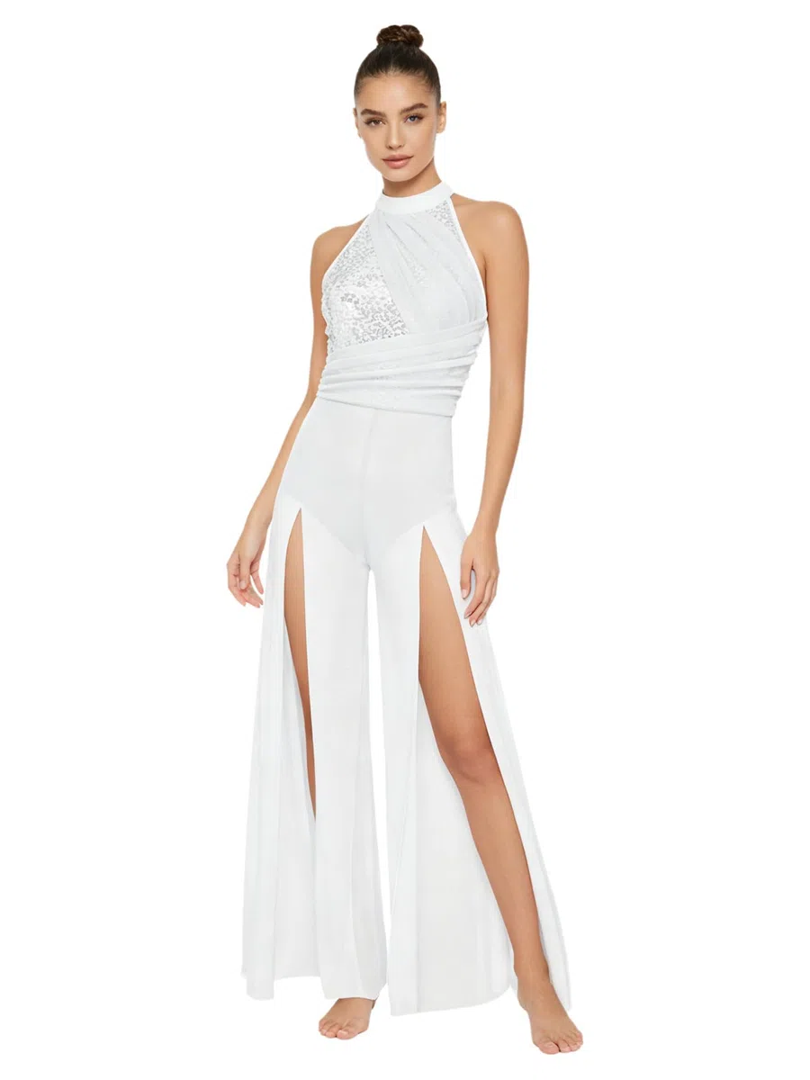 CHICTRY Abito da Pattinaggio Artistico Donna Paillettes Body Danza Classica con Gonna Lunga Body da Balletto Senza Manica Vestito da Ballo Latino Dancewear
