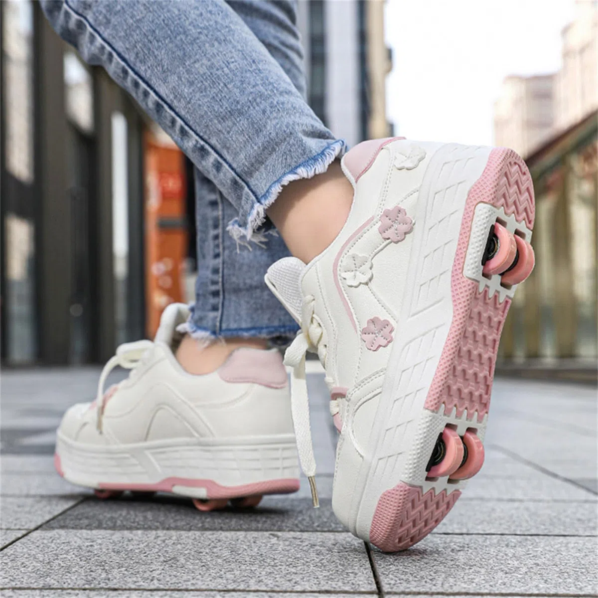 Mateju Scarpe con Rotelle Bambina Ragazza Sportive Scarpe da Skateboard, Margherite 4 Rotelle Rimovibile Skateboard Ginnastica da Pattini Sneakers per Bambino, 30-40 EU