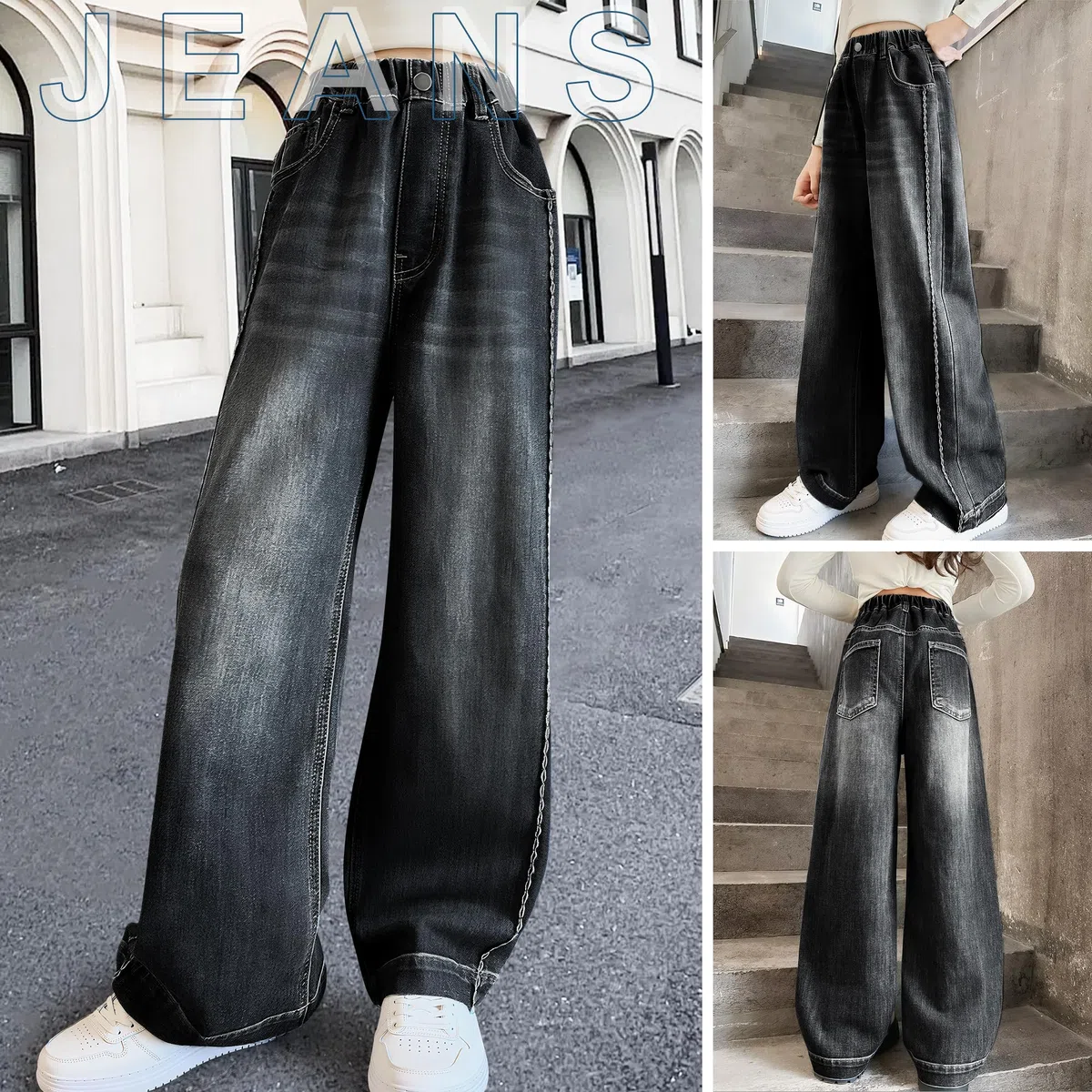 Jeans Larghi per Ragazze, Baggy Comodo Denim Pantaloni con Vita Alta Elastica Morbido Casual Moda Loose Fit Pants con Tasche Streetwear Vestiti per Ragazza 7-14 Anni, Blu Scuro