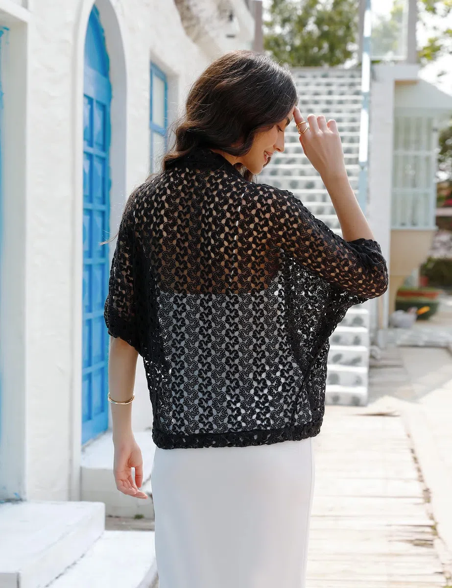 Gyabnw Coprispalle Donna Casual Elegante Leggero Cardigan Estivo Corto a 3/4 Maniche Chic Gilet Aperto a Pizzo Bolero Elegante Traspirante Shrug