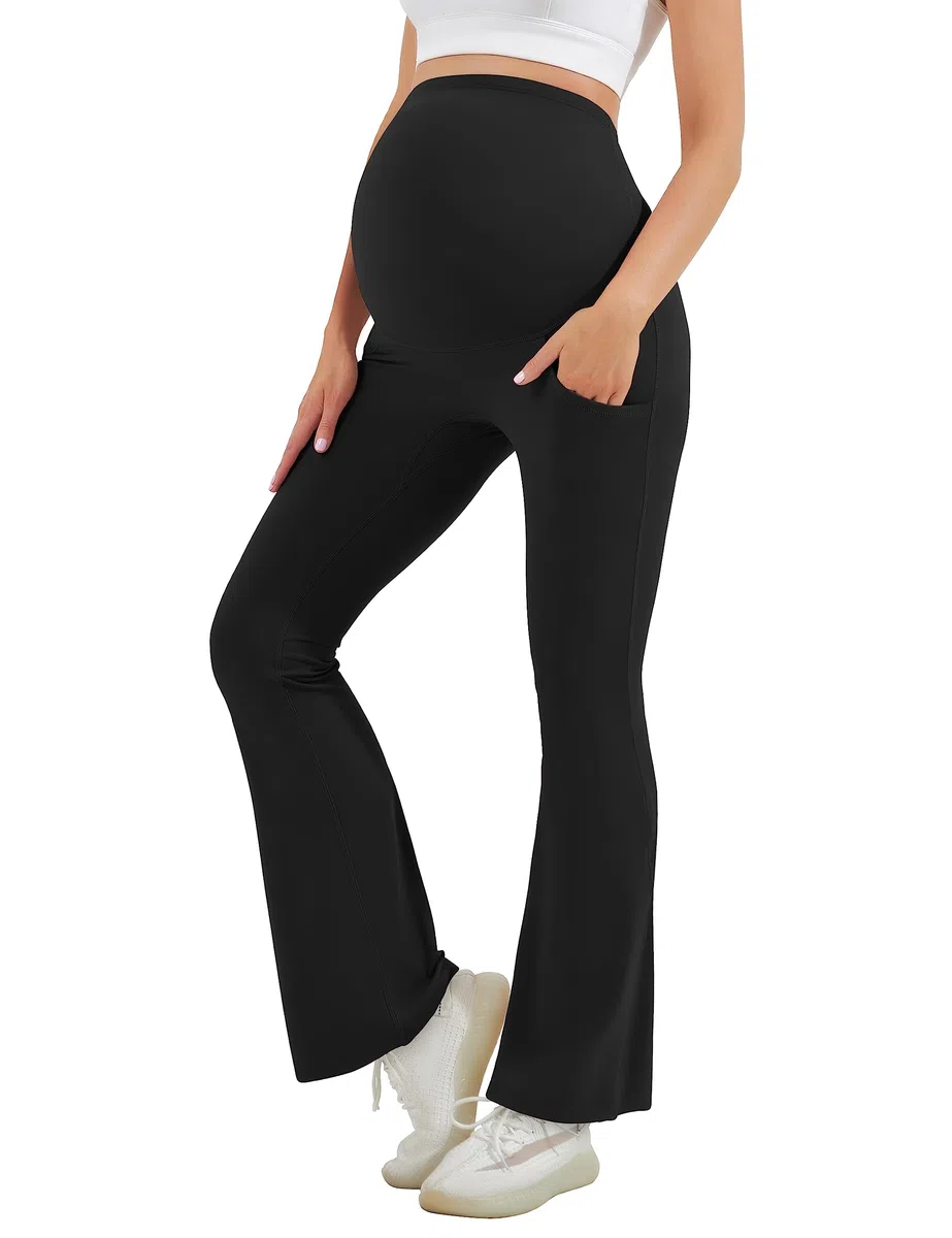 HEGALY Women's Maternity Flare Leggings Over The Belly - Casual Pregnancy Yoga Pants with Pockets Buttery Soft