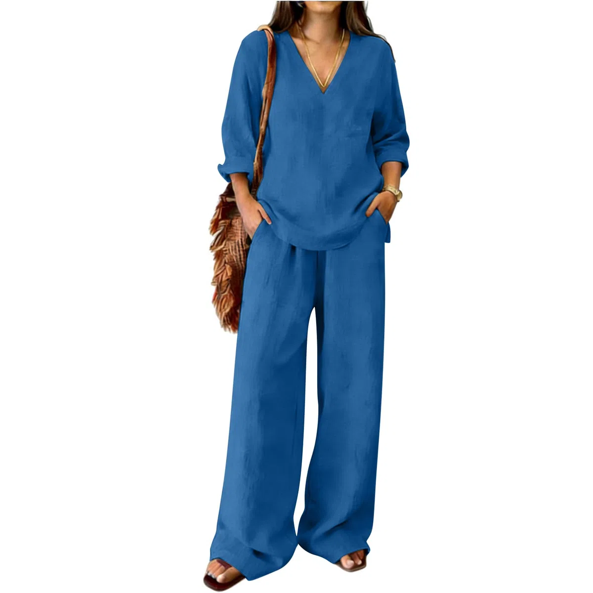 Generico Completo da Donna Lino 2 Pezzi Elegante con Manica Lunghe Camicia Pantaloni Lino Set Completo Donna Top e Pantaloni a Tinta Unita con Scollo a V Estivo Elegante Cerimonia Camicia Vacanze