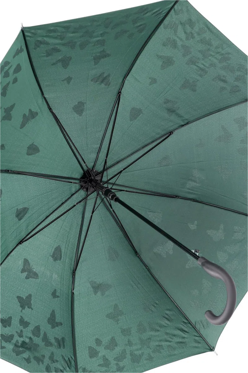 Ombrello Automatico Lungo con Fantasia Idroreattiva Farfalle – Si Colora con la Pioggia – Tessuto 100% Pongee, Manico Curvo Antiscivolo – Nero, Blu, Verde, Rosso Bordeaux